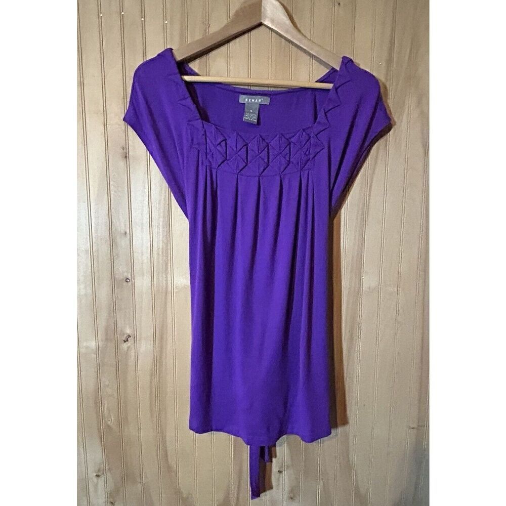 Kenar Womens Medium Short Sleeve Top Shirt Tie at Waist Purple Square Neckline